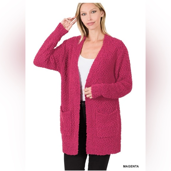 NWOT Zenana popcorn knit open front cardigan, size 1X, color is magenta - Picture 10 of 11